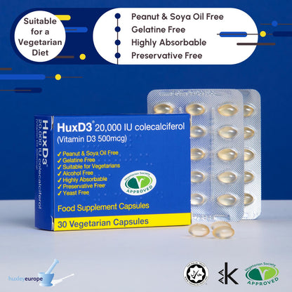 Huxley Europe HuxD3 20,000iu High Strength Vitamin D3 30 Capsules - Supplement - Edible Healthcare Dietary Muscle Fitness