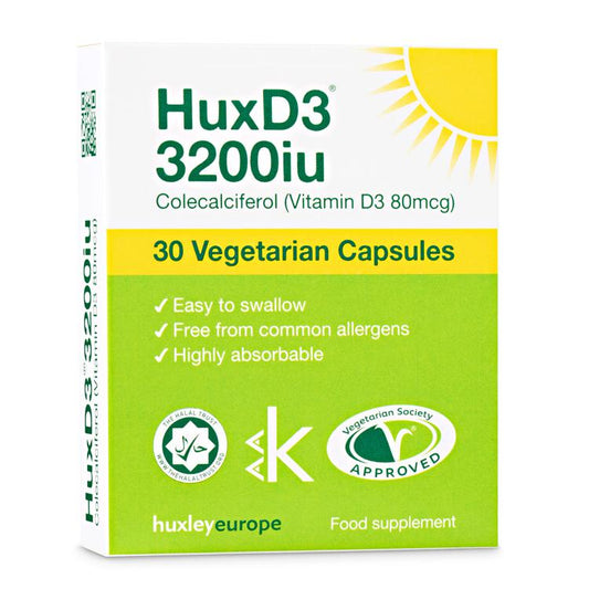 Huxley Europe HuxD3 Vitamin D3 3200iu 30 Capsules for Immune Healthy Bones, teeth and muscles.