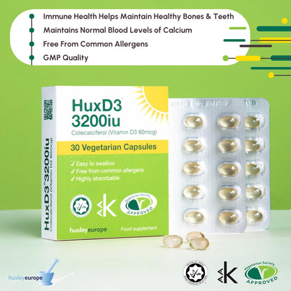 Huxley Europe HuxD3 Vitamin D3 3200iu 30 Capsules for Immune Healthy Bones, teeth and muscles.